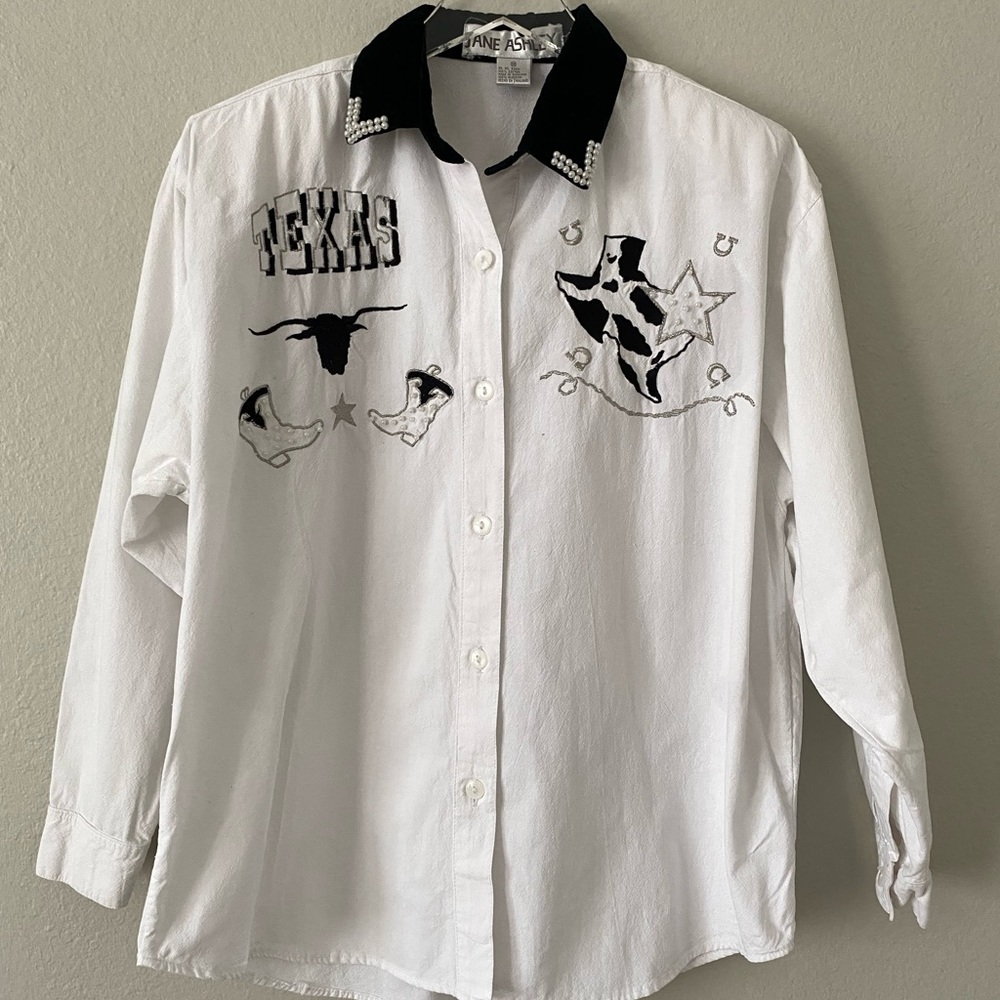 Vintage Jane Ashley Western Top Med White Embellished Texas Rockabilly Blouse